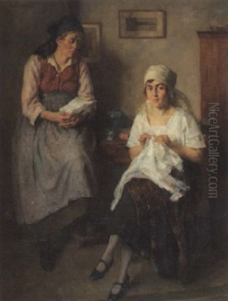 Zwei Frauen Lesen Einen Brief Oil Painting by Conrad Pfau