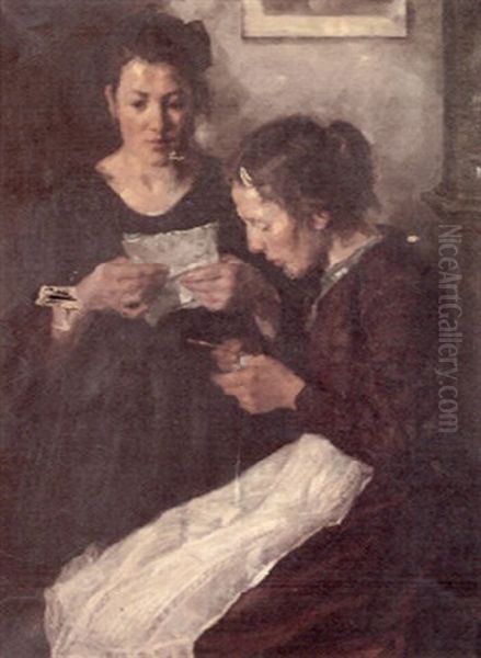 An Interior Scene With A Woman Reading A Letter And Another Chrocheting Oil Painting by Conrad Pfau