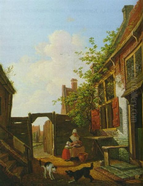 A Sunlit Courtyard With Mother And Child Peeling Vegetables Oil Painting by Francois Joseph Pfeiffer the Younger