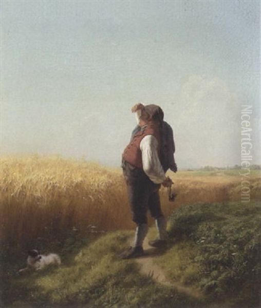 Gutsbesitzer Blickt Uber Sein Reifes Kornfeld, Vor Ihm Liegt Ein Kleiner Hund Oil Painting by Friedrich Wilhelm Pfeiffer