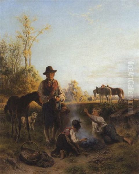 Ein Dachauer Bauer Mit Kindern Beim Kartoffelfeuer Oil Painting by Friedrich Wilhelm Pfeiffer