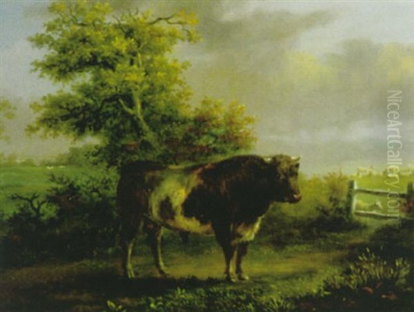 Landschaft Mit Schwarzweissen Stier Oil Painting by Friedrich Wilhelm Pfeiffer