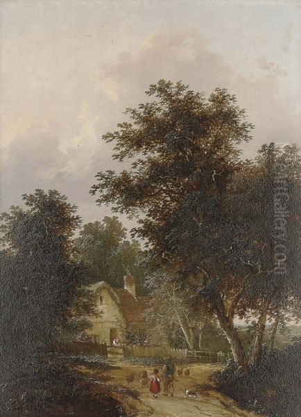 Figures Outside A Cottage Oil Painting by Henry John Boddington