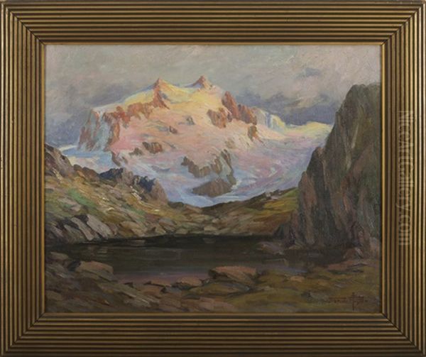 Snow-covered Mountain Landscape With Lake Oil Painting by Jean J. Pfister