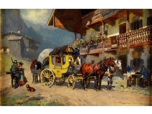 Postkutsche Vor Einem Garmischer Gasthof Oil Painting by Max Joseph Pfitzner