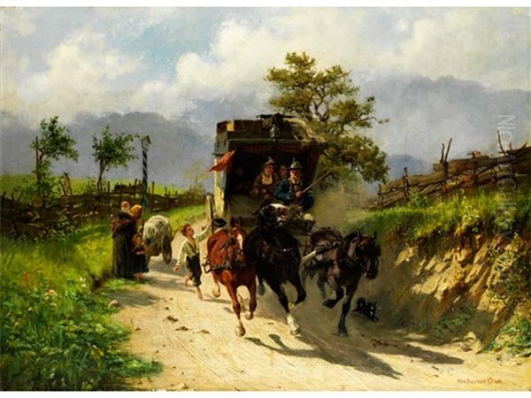 Begrussung Der Im Trab Herannahenden Postkutsche Oil Painting by Max Joseph Pfitzner