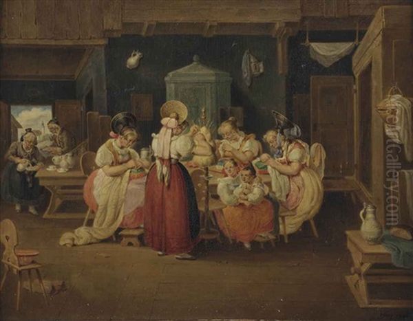 A Group Of Spinsters In An Interior Oil Painting by Johann Baptist Pflug