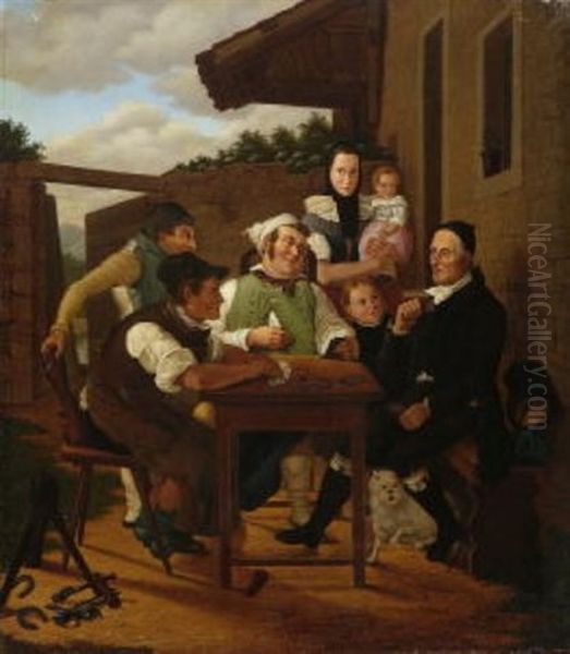 Kartenspieler Vor Dem Bauernhaus Oil Painting by Johann Baptist Pflug