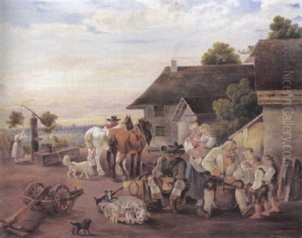 Der Abend Auf Dem Bauernhof Oil Painting by Johann Baptist Pflug