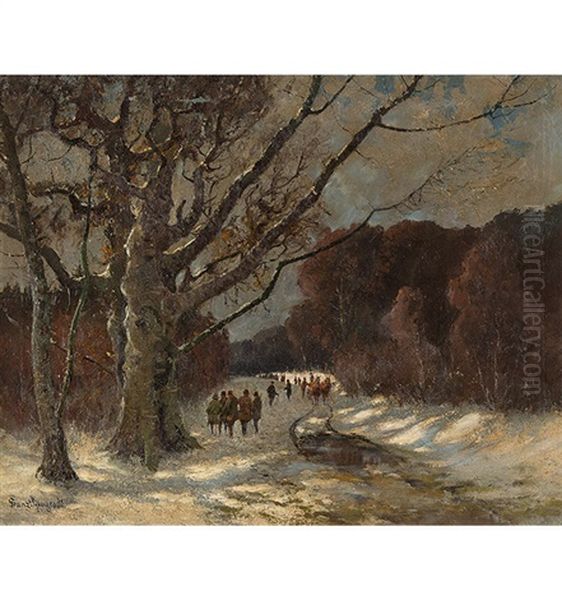 Jagdgesellschaft In Verschneiter Landschaft Oil Painting by Franz Pflugradt