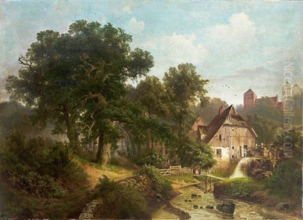 Romantische Muhlenlandschaft Mit Bach, Fruher Kirche Und Prachtvollem Waldstuck An Einem Sommertag Oil Painting by Gustav Pflugradt