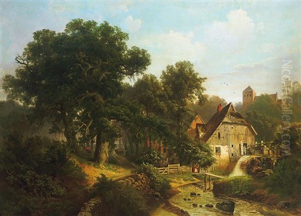 Malerische Alte Muhle Neben Wald. Im Hintergrund Aufragender Kirchhugel Oil Painting by Gustav Pflugradt