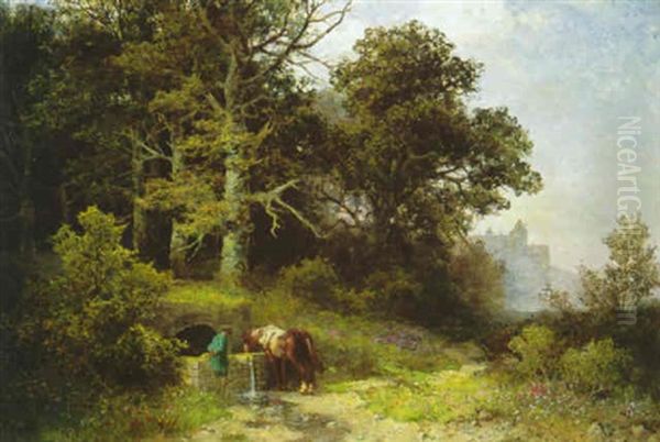 Mann Mit Einem Pferde An Der Tranke, Am Waldrand Oil Painting by Gustav Pflugradt