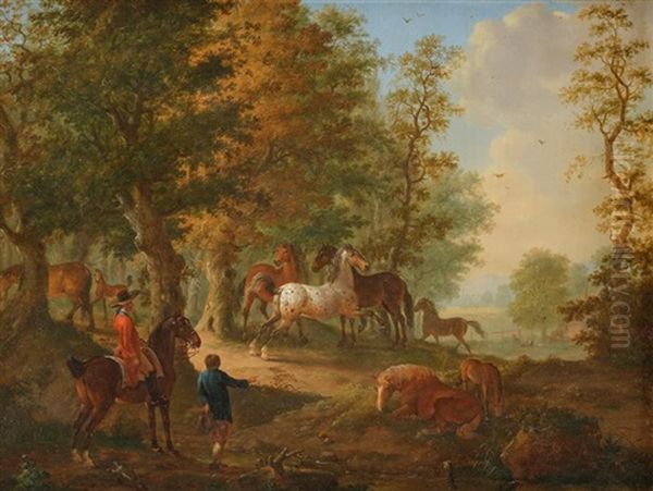 Cavaliers Et Villageois Observant Des Chevaux En Liberte Oil Painting by Johann Georg Pforr