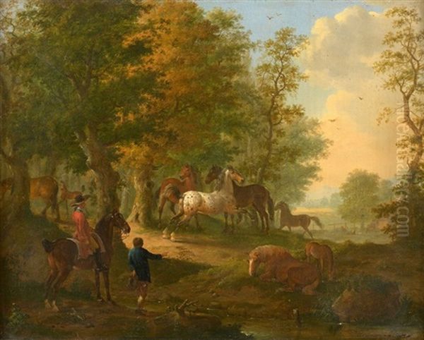 Cavalier Et Villageois Observant Des Chevaux En Liberte Oil Painting by Johann Georg Pforr