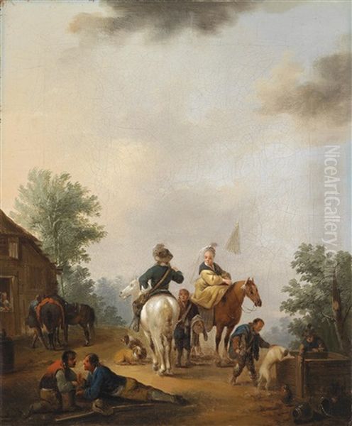 Reiter Und Reiterin Vor Einem Brunnen (+ Reiter Und Reiterin Vor Einer Stadtmauer; Pair) Oil Painting by Johann Georg Pforr