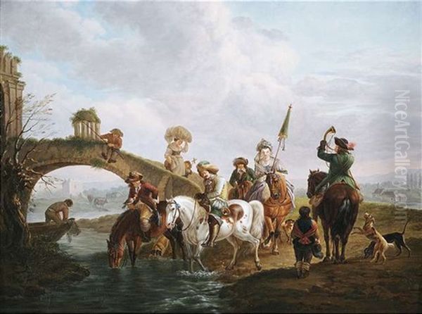 Eine Elegante Jagdgesellschaft Trankt Ihre Pferde An Einem Bach Oil Painting by Johann Georg Pforr