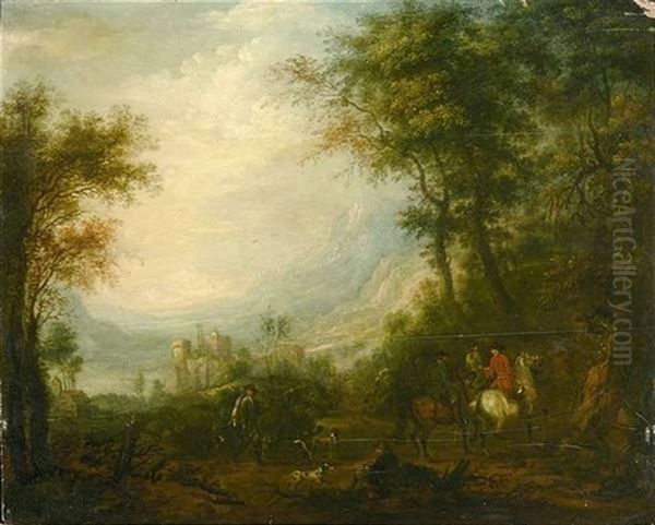 Berittene Jagdgesellschaft Am Rande Einer Ausgedehnten, Bergigen Flusslandschaft Oil Painting by Johann Georg Pforr