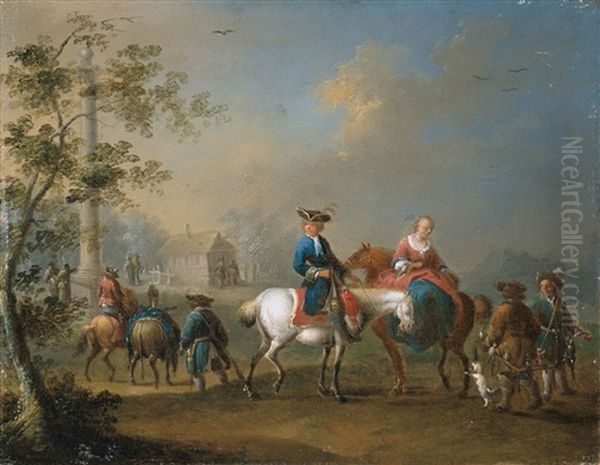 Elegante Reiter In Einer Landschaft (+ Aufbruch Zur Falkenjagd; 2 Works) Oil Painting by Johann Georg Pforr