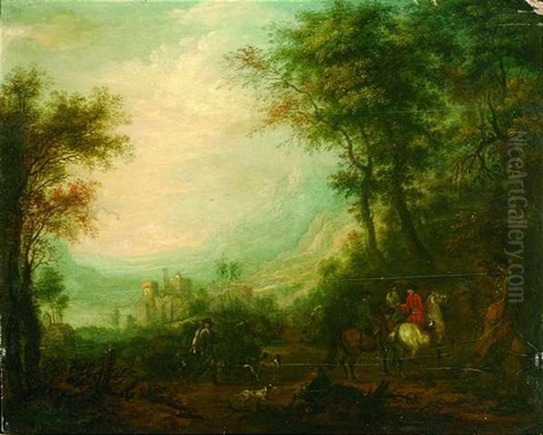 Berittene Jagdgesellschaft Am Rande Einer Ausgedehnten, Bergigen Fluslandschaft Oil Painting by Johann Georg Pforr