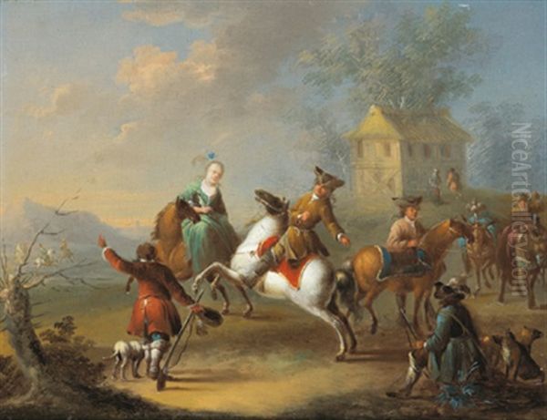 Elegante Reiter In Einer Landschaft (+ Aufbruch Zur Falkenjagd; Pair) Oil Painting by Johann Georg Pforr