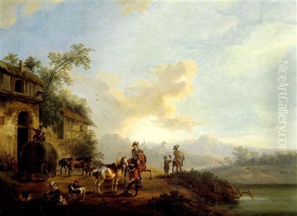 Jagdgesellschaft In Einer Flusslandschaft Oil Painting by Johann Georg Pforr