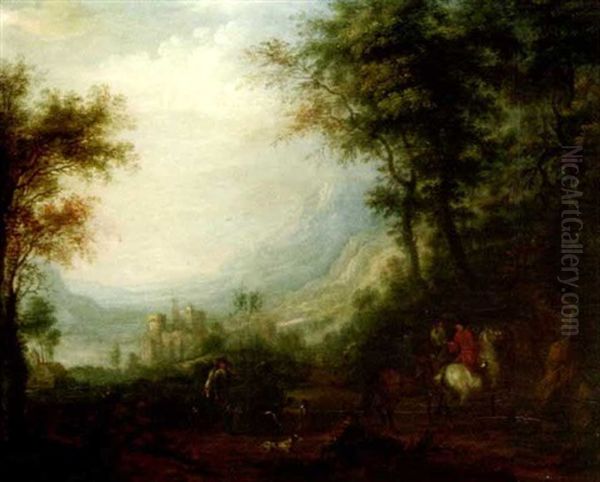 Berittene Jagdgesellschaft Mit Ihren Burschen Am Rande Einer Weiten, Bergigen Fluslandschaft Oil Painting by Johann Georg Pforr