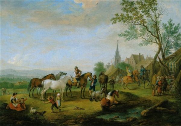 Pferdemarkt Vor Einem Dorf Oil Painting by Johann Georg Pforr