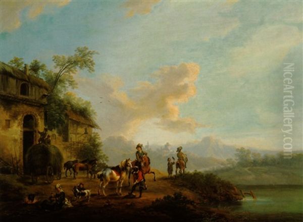 Jagdgesellschaft In Einer Flusslandschaft Oil Painting by Johann Georg Pforr