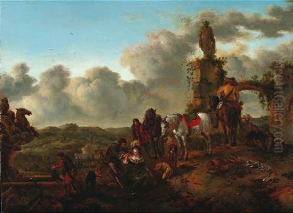 Rast Der Jagdgesellschaft Vor Alten Mauern Oil Painting by Johann Georg Pforr