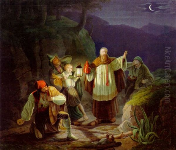 Nachtliche Szene In Den Alpen Oil Painting by Johann Baptist Pfretzschner