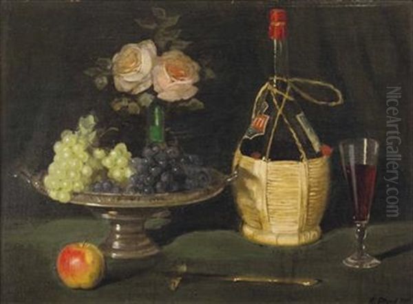 Tischstillleben Mit Chiantiflasche, Weinglas, Obstaufsatz Und Blumen Oil Painting by Alois Pfund