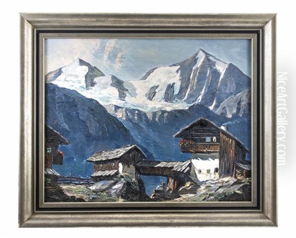 Tiroler Berghof Mit Gletscher Oil Painting by Alois Pfund