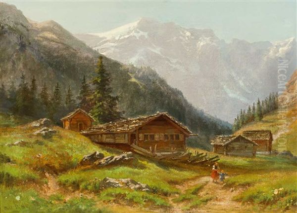 Sommertag Im Gebirge Mit Sennhutten, Personenstaffage Und Beleuchtetem Massiv Oil Painting by Niklaus von Pfyffer