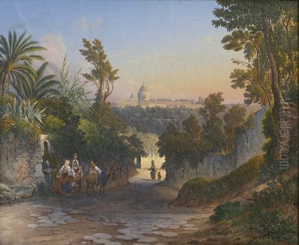 Blick Von Dem Hohlweg Beim Arco Scuro Auf Rom Mit St. Peter Im Abendlicht Oil Painting by Vincenzo Pfyffer