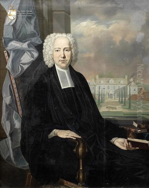 Portrait Of Reverend John Coker (1697-1765) Of Langton, Dorset And Woodcotes, Three-quarter-length, Seated Holding A Bible With Langton House Beyond; And Portrait Of Mrs Elizabeth Coker (1710-1765) Oil Painting by Richard Phelps