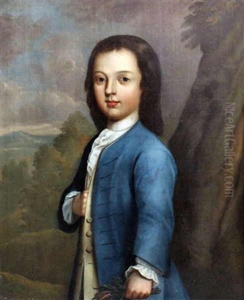 Half Length Portrait Of A Young Boy Wearing A Blue Frock Coat Oil Painting by Richard Phelps