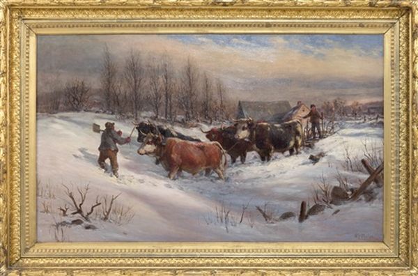 Driving The Cattle Through The Snow Oil Painting by William Preston Phelps