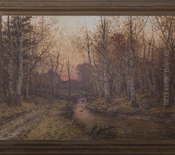 Autumn Sunset Over Birches And Stream Oil Painting by William Preston Phelps