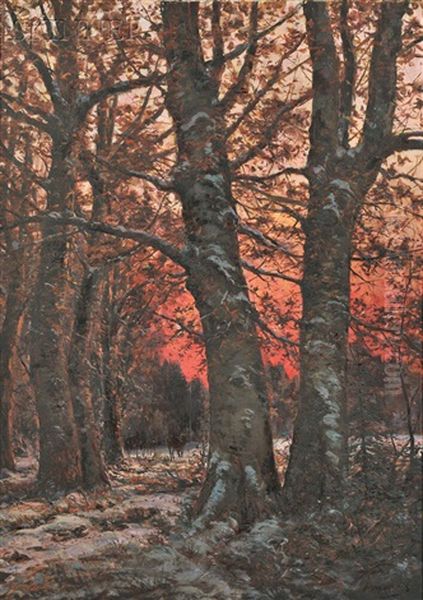 Snowy Woods At Sunset With Grazing Deer by William Preston Phelps