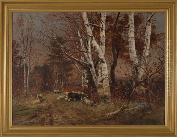 Sheep Grazing Along A Country Road Amongst A Stand Of Birch Trees Oil Painting by William Preston Phelps