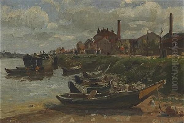 Boats Moored Along A Riverbank Oil Painting by William Preston Phelps