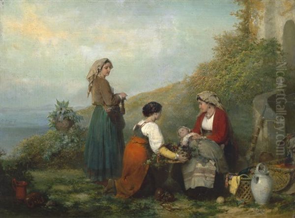 Junge Italienerinnen Mit Kleinkind Auf Einer Terasse Vor Einer Kustenlandschaft Oil Painting by Karel Frans Philippeau