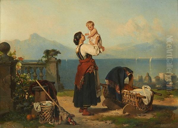 Mere Et Enfant Sur Fond De Paysage Lacustre Oil Painting by Karel Frans Philippeau