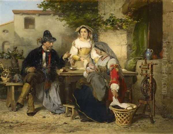 Italienische Idylle. Junge Familie Bei Wein Und Brot Vor Dem Hause Oil Painting by Karel Frans Philippeau