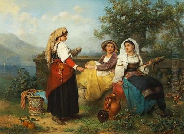 Three Young Maidens Spinning Wool Oil Painting by Karel Frans Philippeau