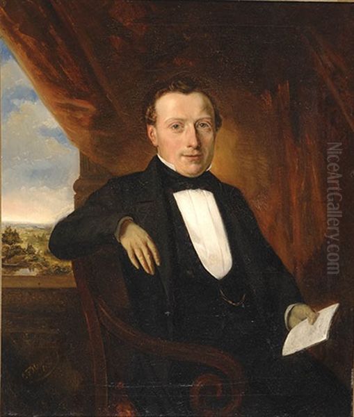 Portrait Of A Seated Man In A Black Costume (+ Portrait Of A Seated Woman; 2 Works) Oil Painting by Karel Frans Philippeau