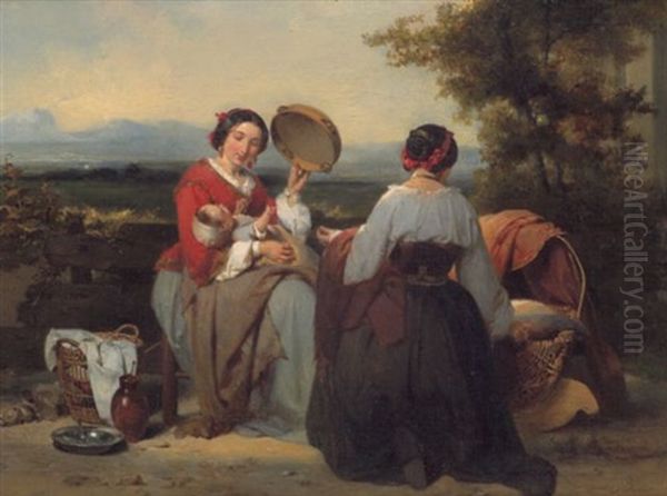 Junge Italienerinnen Mit Einem Kind Auf Der Terrasse Vor Ihrem Haus, Im Hintergrund Die Campagna Oil Painting by Karel Frans Philippeau