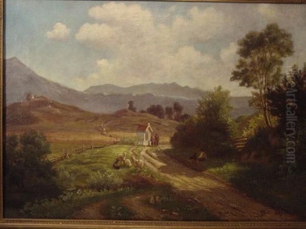 Bode,romant. Landschaft Mit Personen Und Schafe Oil Painting by Wilhelm Bode