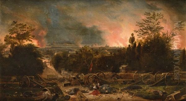 Paris En Feu Sous La Commune, Vue Depuis Le Pere Lachaise Oil Painting by Henri Felix Emmanuel Philippoteaux